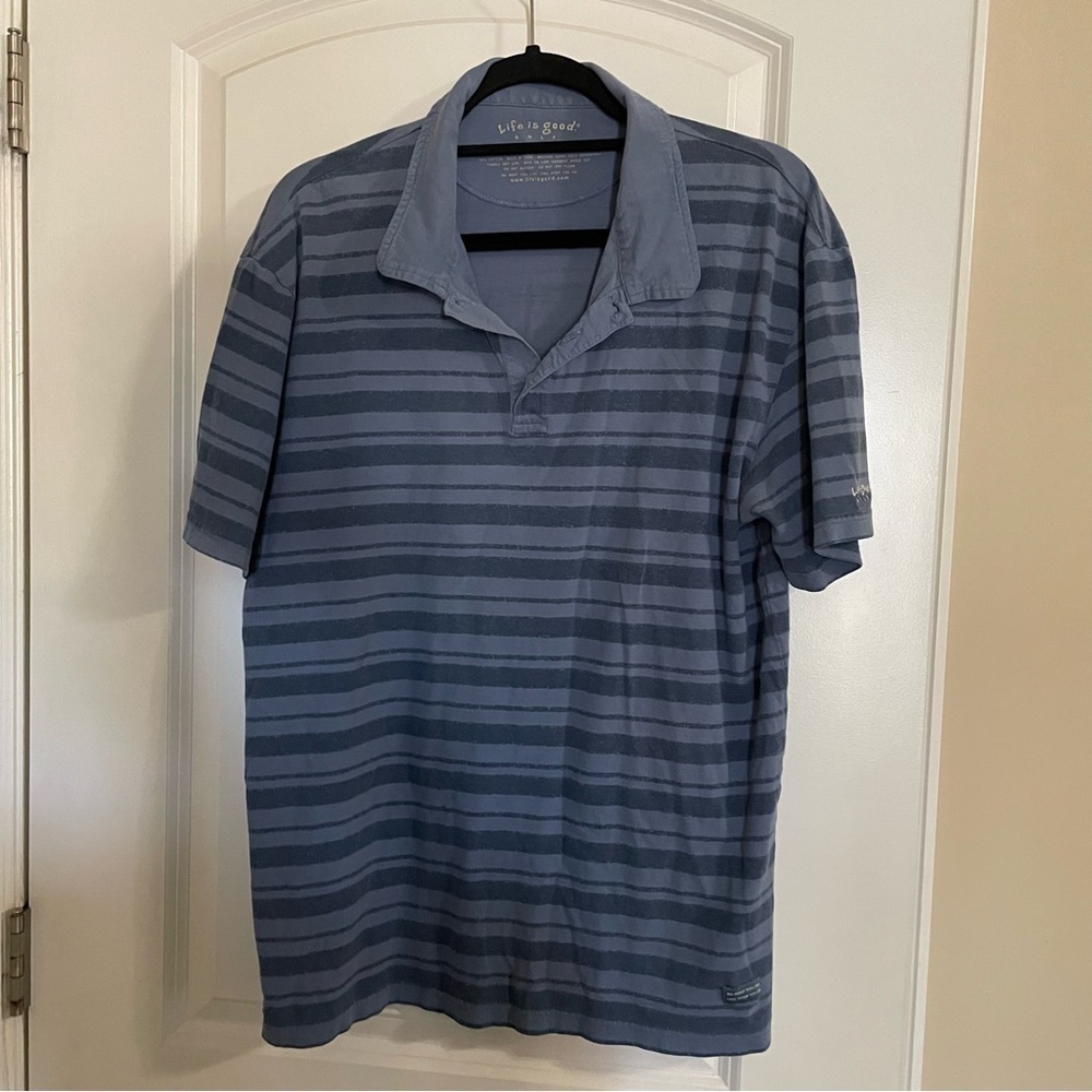 Life is Good Blue Stripe Golf Short Sleeve Polo
